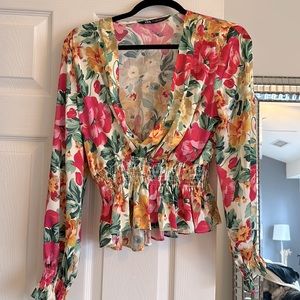 Zara Floral V-Neck Blouse - Red, Yellow, Green